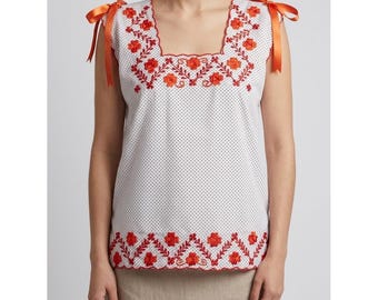 Vintage Peasant Blouse Embroidered Floral Polka Dot Ribbon Tie Square Neck Top