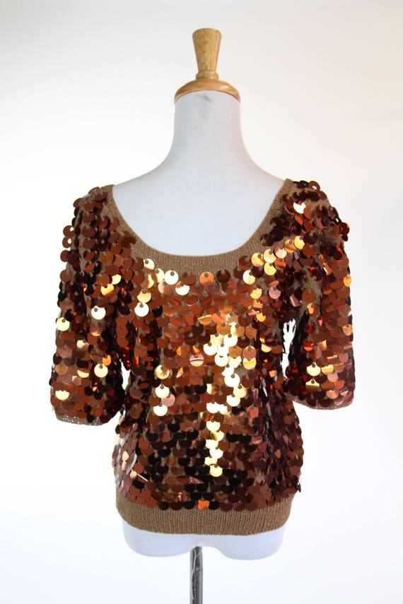 GLAM Vintage 1960s Sweater Glam Beige Sequins Kni… - image 2