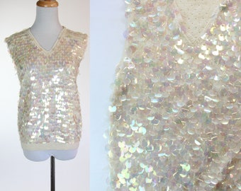 GLAM Vintage 1950s 60s Sequin Sweater White Beaded Sleeveless Size S M