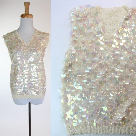 GLAM Vintage 1950s 60s Sequin Sweater White Beade… - image 1