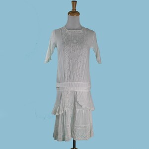 Vintage 1920s Dress Embroidered White Cotton with Valenciennes lace Size XS Junior image 2