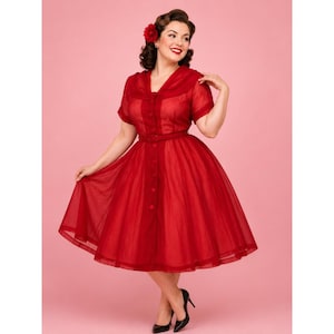 ヴィンテージ 1940年代 1950年代 レッド クレープ プラスサイズ 1X ロカビリー ポートレートカラー ドレス