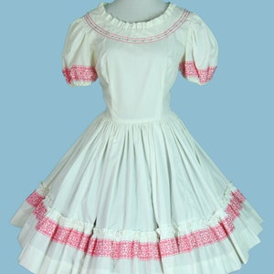 Vintage Summer Square Dancing Dress White Cotton with Pink Ribbon Trim Circle Skirt Size S XS image 5