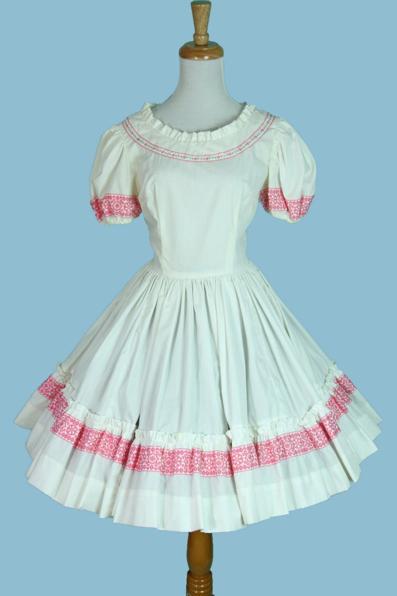 Vintage Summer Square Dancing Dress White Cotton with Pink Ribbon Trim Circle Skirt Size S XS image 5