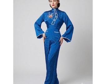 Vintage 1940s Blue Rayon Pajama Set with Robe Floral Embroidered Hostess 3pc Set