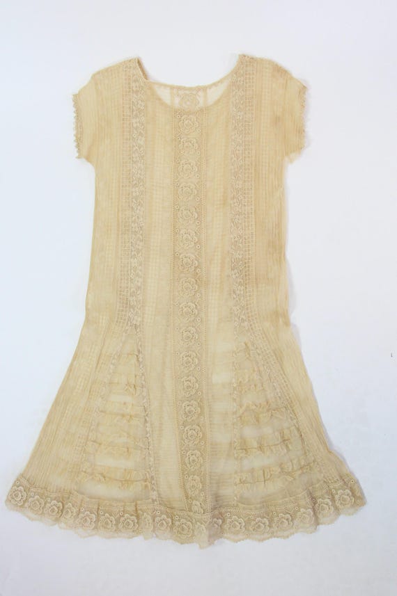 Vintage 1920s Dress Beige Flower Lace Filet Croch… - image 2