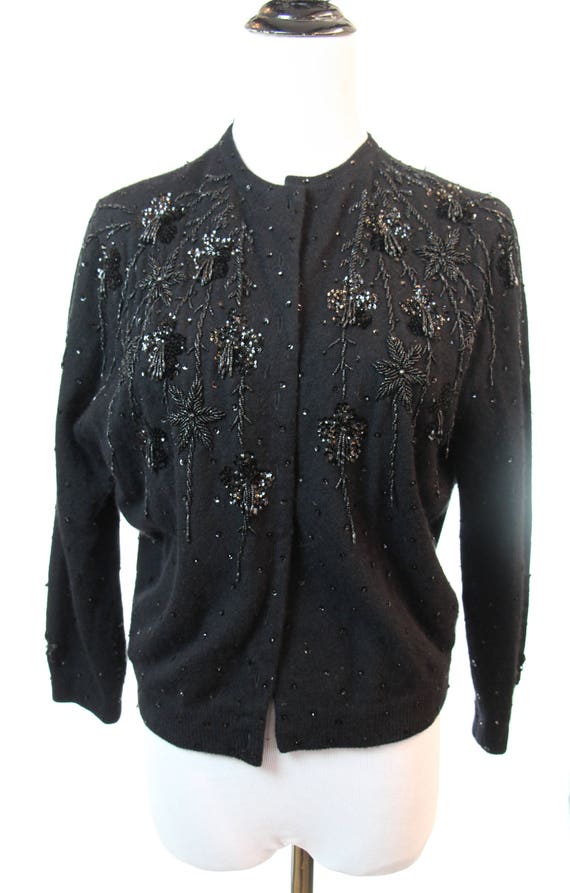 Vintage 1950s Black Cardigan Sequin Sweater Lambs… - image 3