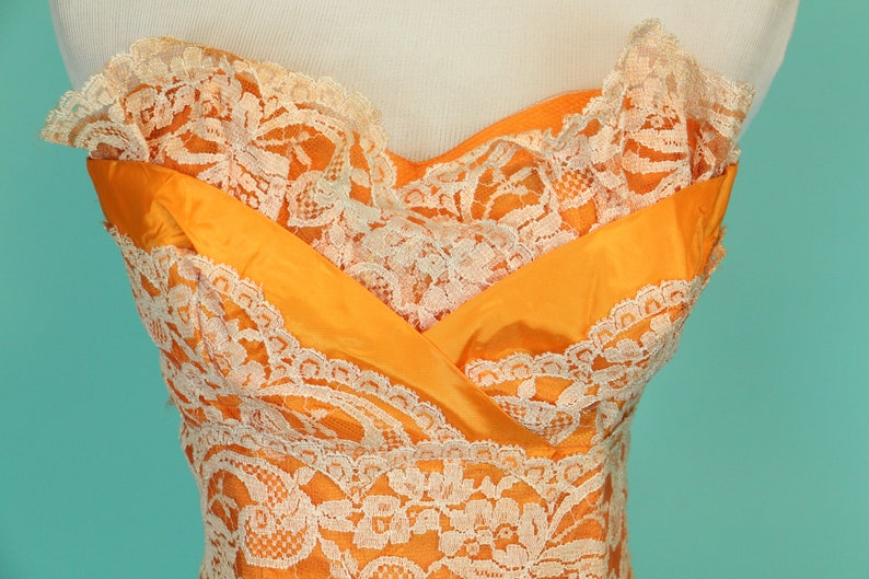 Vintage 1950's Princess Cupcake Dress Orange Multi Layer Ballgown Burlesque Chiffon & Lace Tiered Skirt Size XS image 6