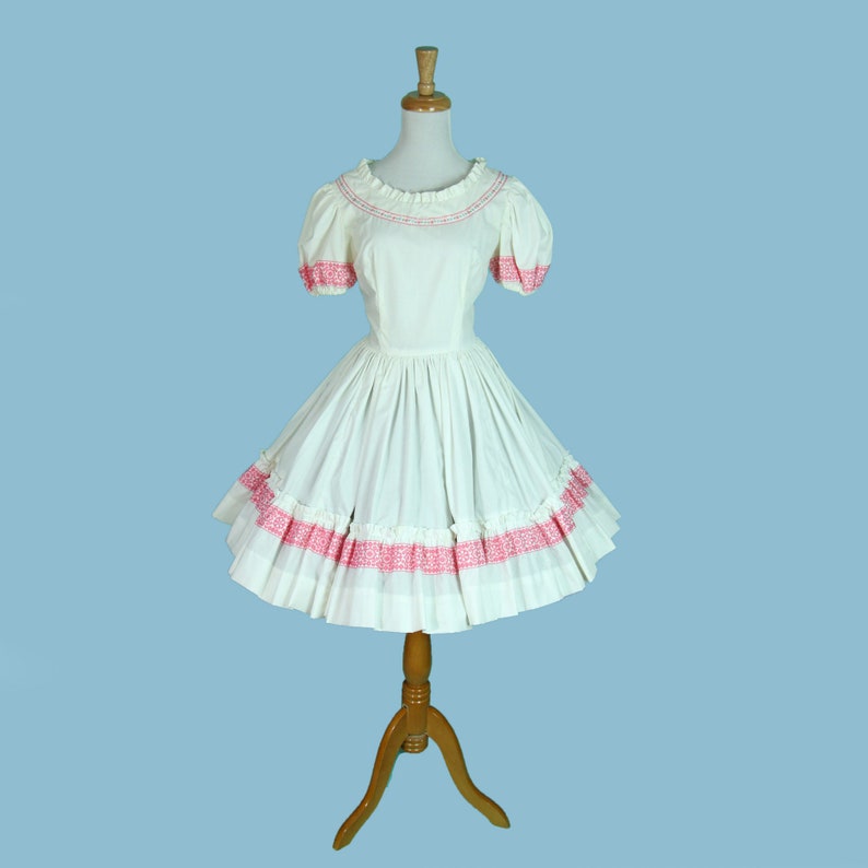 Vintage Summer Square Dancing Dress White Cotton with Pink Ribbon Trim Circle Skirt Size S XS image 8