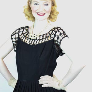 RARE Vintage 1950s Dress, Black Rockabilly Skirt Lacework Woven Rope Bodice Detail New Look Size S M image 3