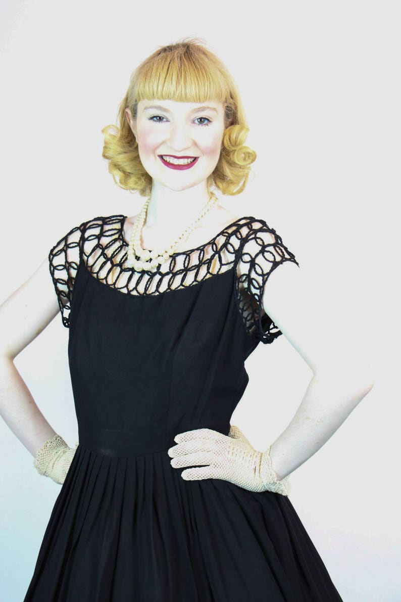 RARE Vintage 1950s Dress, Black Rockabilly Skirt Lacework Woven Rope Bodice Detail New Look Size S M image 3