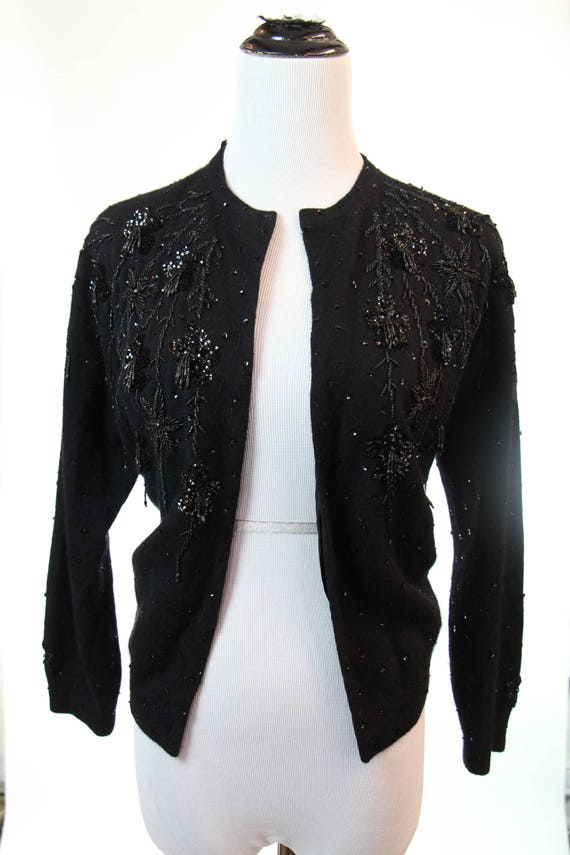 Vintage 1950s Black Cardigan Sequin Sweater Lambs… - image 2