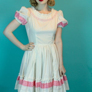 Vintage Summer Square Dancing Dress White Cotton with Pink Ribbon Trim Circle Skirt Size S XS image 2