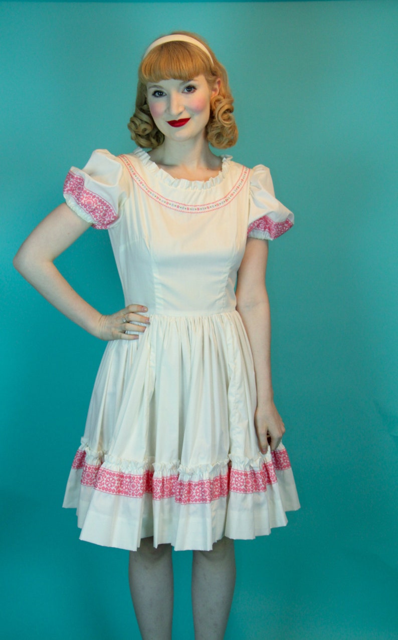 Vintage Summer Square Dancing Dress White Cotton with Pink Ribbon Trim Circle Skirt Size S XS image 2