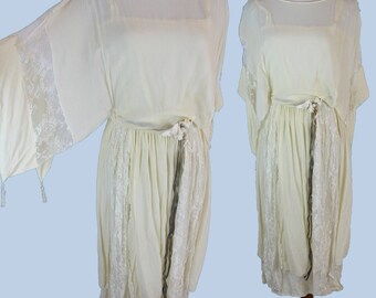 Vintage 1920s Lace Panels Dress Pure Silk White Party Wedding Dress with Flowers, Size S XS Wearable Great Condition