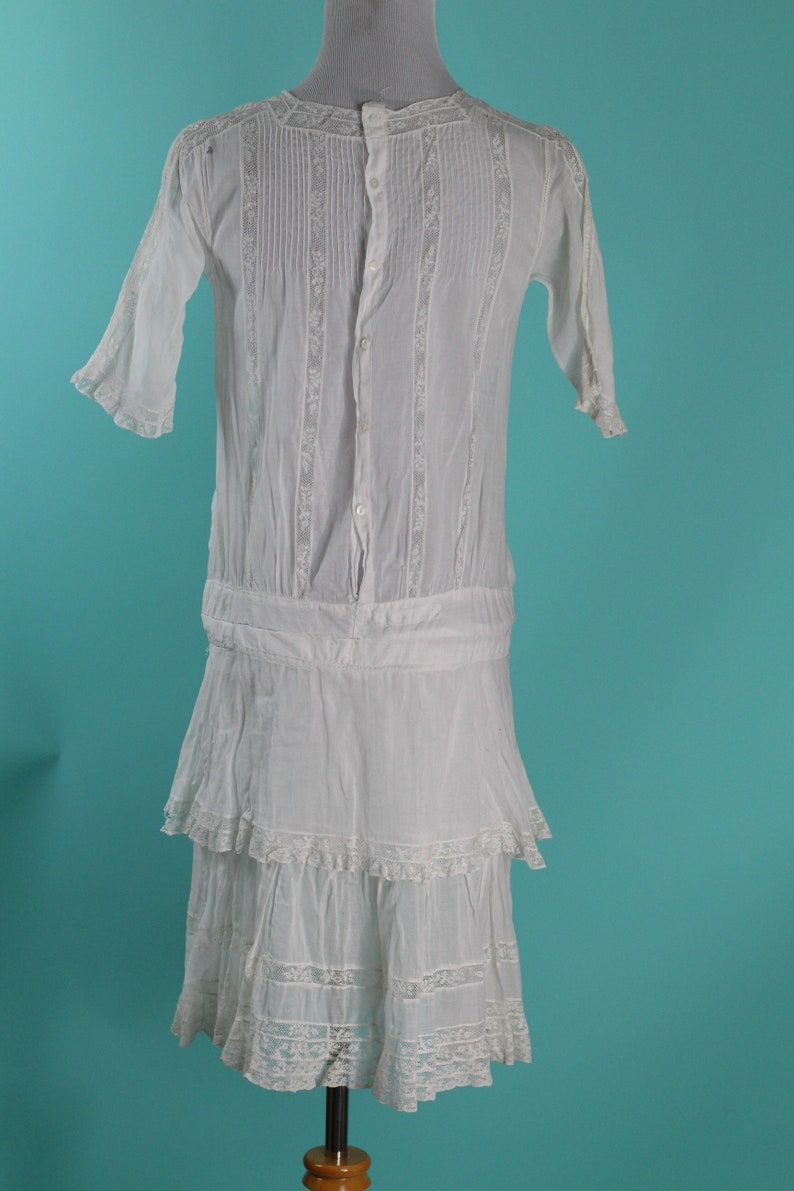 Vintage 1920s Dress Embroidered White Cotton with Valenciennes lace Size XS Junior image 6