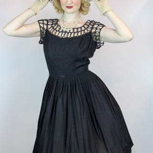 RARE Vintage 1950s Dress, Black Rockabilly Skirt Lacework Woven Rope Bodice Detail New Look Size S M image 5