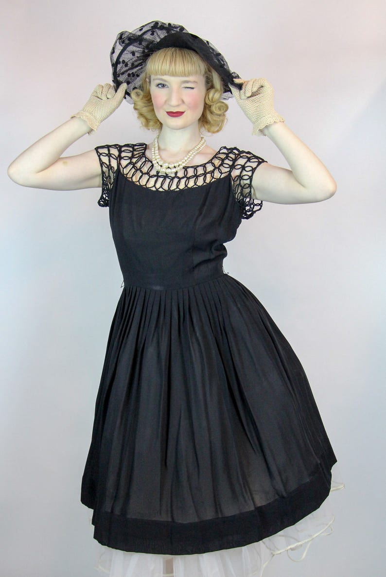 RARE Vintage 1950s Dress, Black Rockabilly Skirt Lacework Woven Rope Bodice Detail New Look Size S M image 5