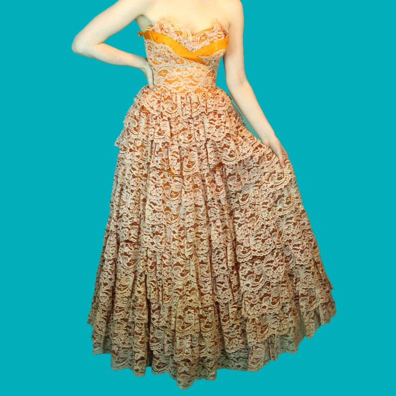 Vintage 1950's Princess Cupcake Dress Orange Multi Layer Ballgown Burlesque Chiffon & Lace Tiered Skirt Size XS image 3