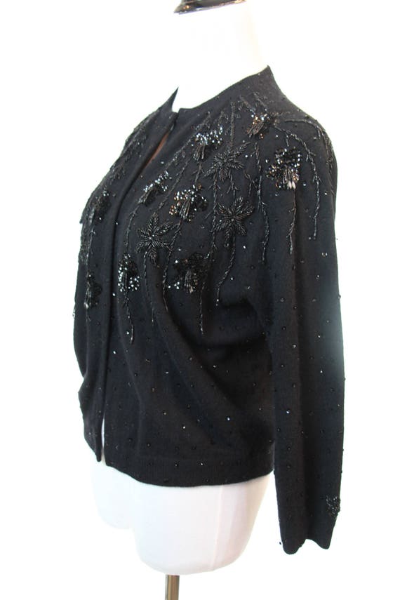 Vintage 1950s Black Cardigan Sequin Sweater Lambs… - image 5