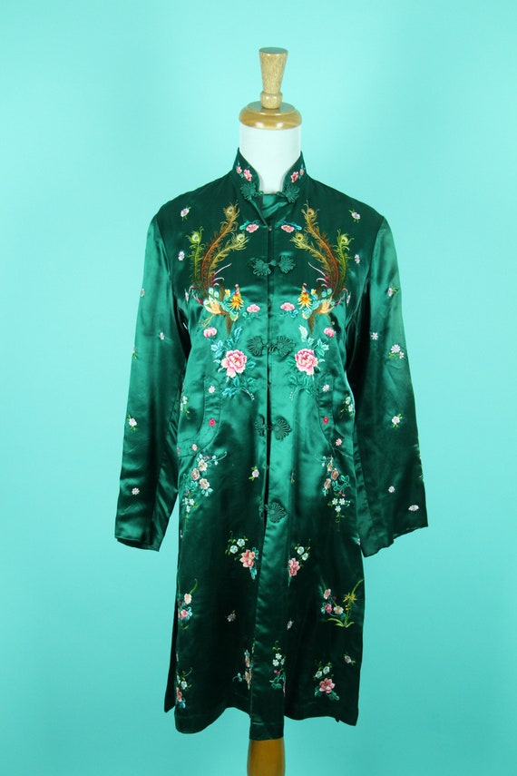 Vintage 1940s - 50s Chinese Robe Green Silk Hand … - image 7