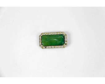 Vintage Art Deco 1920s Green Glass Cabochon Rhinestone Silver Tone Dress Clip
