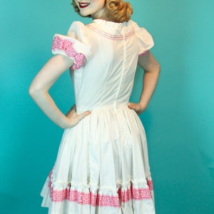 Vintage Summer Square Dancing Dress White Cotton with Pink Ribbon Trim Circle Skirt Size S XS image 3