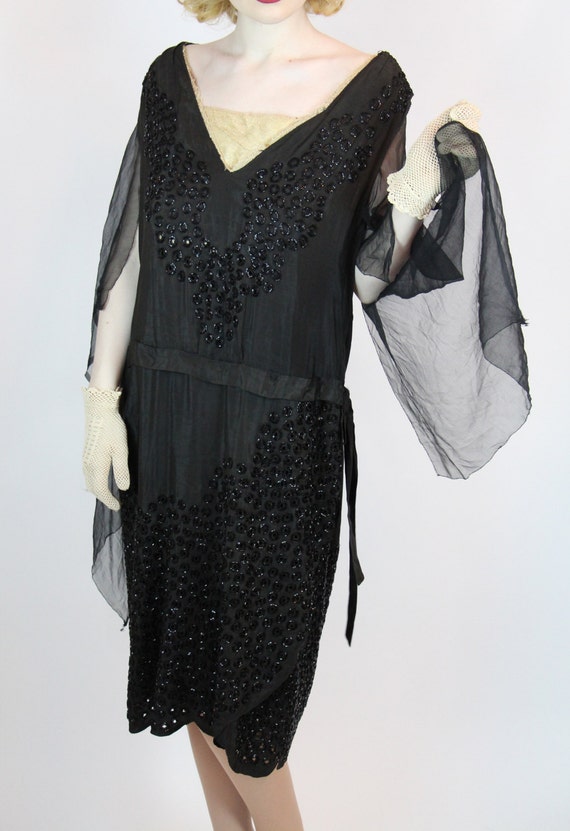 Vintage 1920s Beaded Silk Chiffon Flapper Dress, Downton Abbey Style