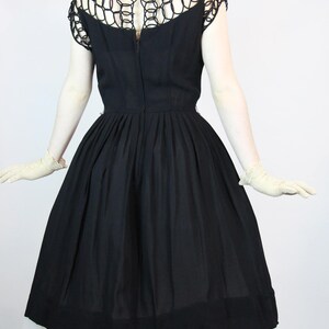 RARE Vintage 1950s Dress, Black Rockabilly Skirt Lacework Woven Rope Bodice Detail New Look Size S M image 6