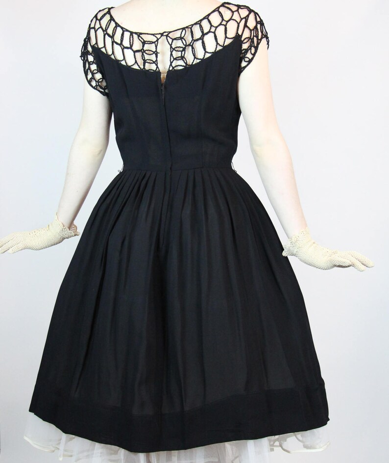 RARE Vintage 1950s Dress, Black Rockabilly Skirt Lacework Woven Rope Bodice Detail New Look Size S M image 6