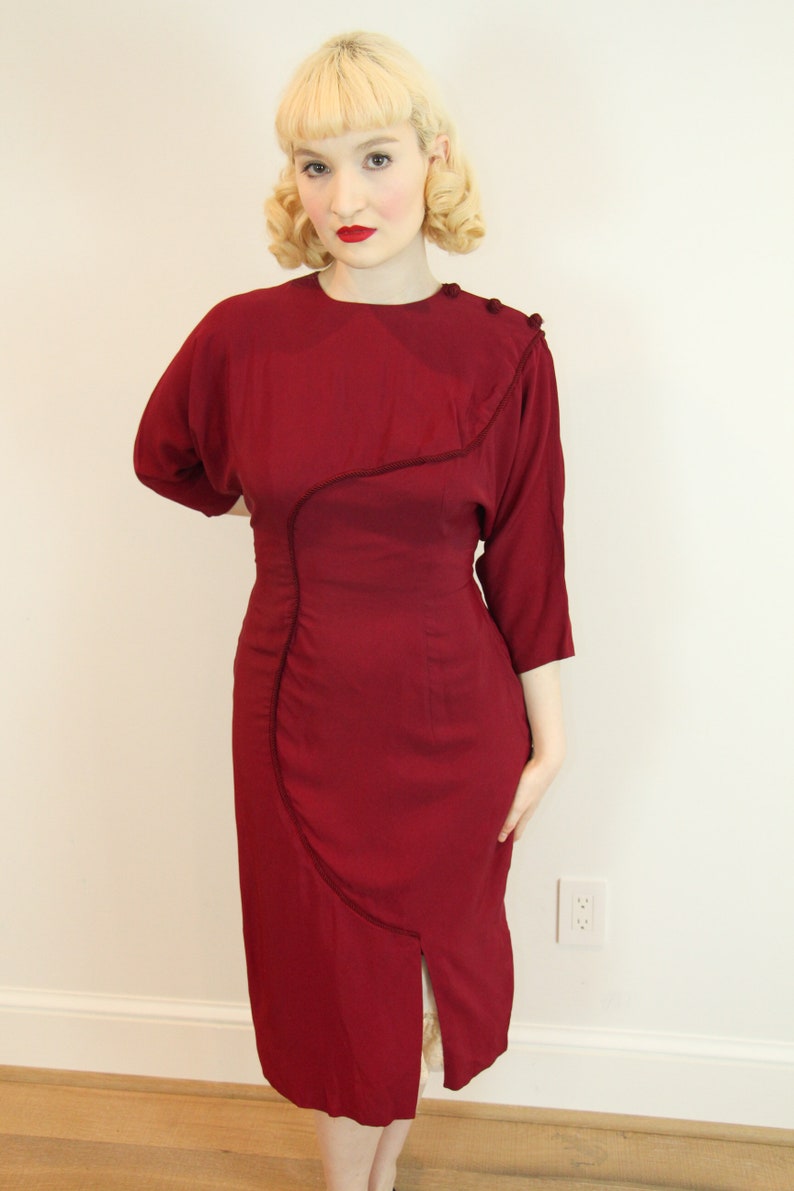 SEXY Vintage 1950s Dress Burgundy Red Rayon with Rope Design Marilyn Monroe Size M L image 4