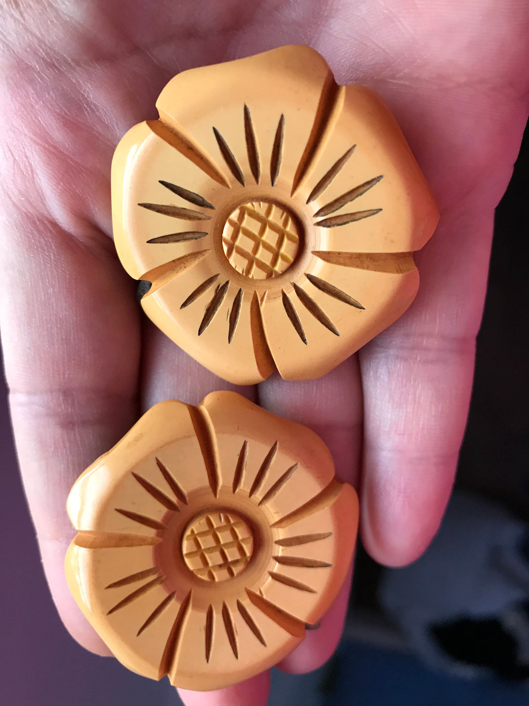 Vintage Art Deco Carved Yellow Flower Celluloid Dress Clips Pair Hair Clip il_fullxfull.5088622854_9c3p.jpg main image 4