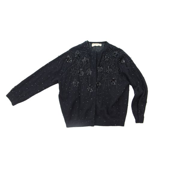 Vintage 1950s Black Cardigan Sequin Sweater Lambs… - image 1