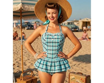 Traje de baño vintage de algodón de los años 50, mono de playa a cuadros, cuello halter, turquesa y blanco, talla S