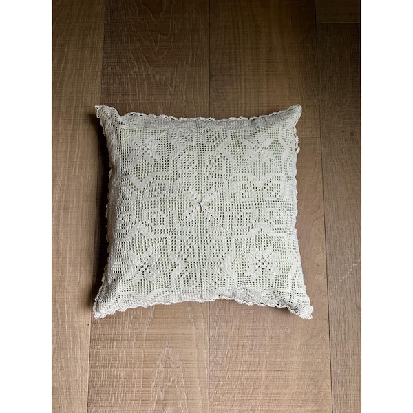 Vintage 1970s Flower Crochet Pillow Lace Home Decor Boho Cottagecore Cream 16x16
