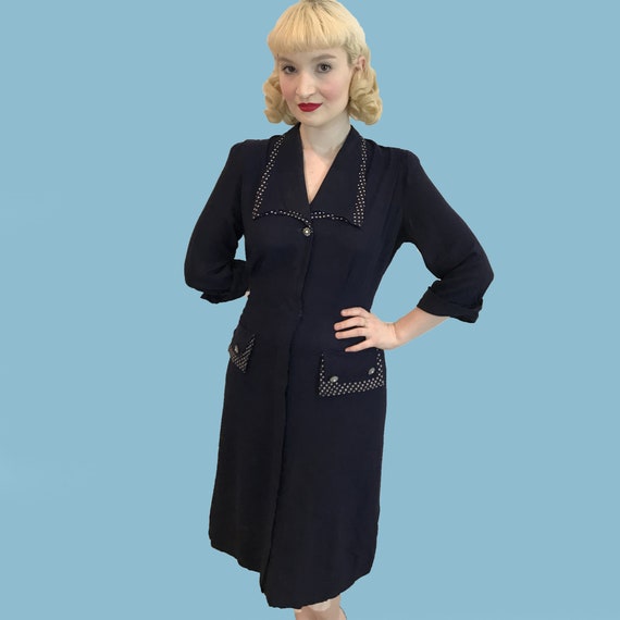 Vintage 1940s Blue Rayon Shirt Dress with polka do
