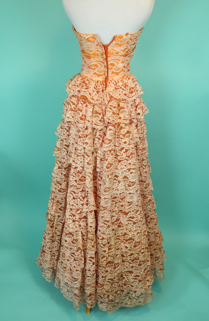 Vintage 1950's Princess Cupcake Dress Orange Multi Layer Ballgown Burlesque Chiffon & Lace Tiered Skirt Size XS image 7