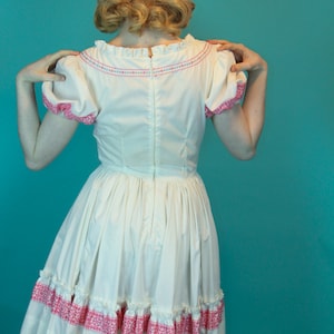 Vintage Summer Square Dancing Dress White Cotton with Pink Ribbon Trim Circle Skirt Size S XS image 4