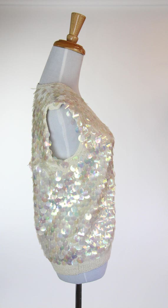 GLAM Vintage 1950s 60s Sequin Sweater White Beade… - image 7