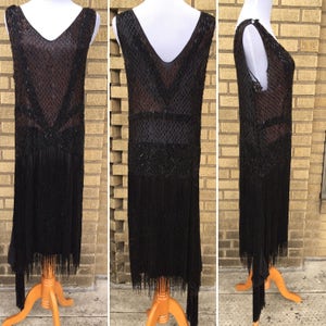 RARE 1920s Flapper Dress Black Silk Chiffon Beaded Sequins all over, Sequin Fringe with Extra Panel, Jazz Era Prohibition Size XS S image 1