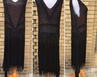 RARE 1920s Flapper Dress Black Silk Chiffon Beaded Sequins all over, Sequin Fringe with Extra Panel, Jazz Era Prohibition Size XS S