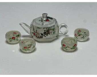 Vintage Cut Glass Miniature Tea Set Teapot 4 Cups Bird Floral Motif Chinoiserie