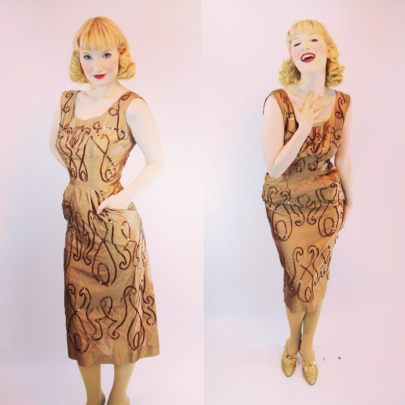 VLV 1950s Dress Marilyn Monroe Wiggle Sheath Silk with Sequins Size S