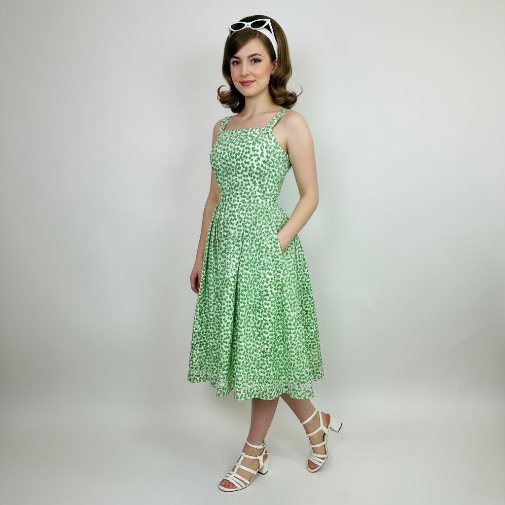 lanz cotton dress 1960s Lanz Original Cotton Dress, Green Flower Print, Pockets, Smocked  Bodice