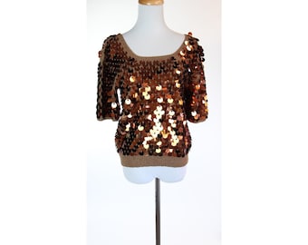 Vintage trui met pailletten uit de jaren 60, koperkleurige metallic gebreide blouse, glamour uit de jaren 60