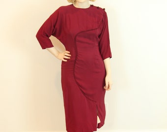 SEXY Vintage 1950s Dress Burgundy Red Rayon with Rope Design Marilyn Monroe Size M L