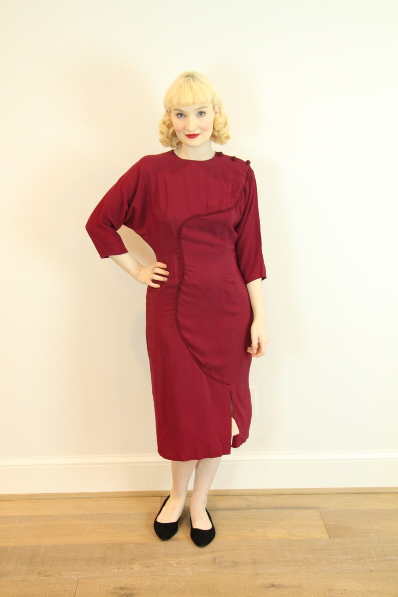 SEXY Vintage 1950s Dress Burgundy Red Rayon with Rope Design Marilyn Monroe Size M L image 1
