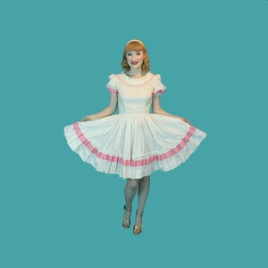 Vintage Summer Square Dancing Dress White Cotton with Pink Ribbon Trim Circle Skirt  Size S  XS