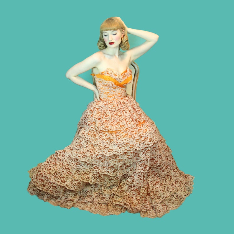 Vintage 1950's Princess Cupcake Dress Orange Multi Layer Ballgown Burlesque Chiffon & Lace Tiered Skirt Size XS image 1