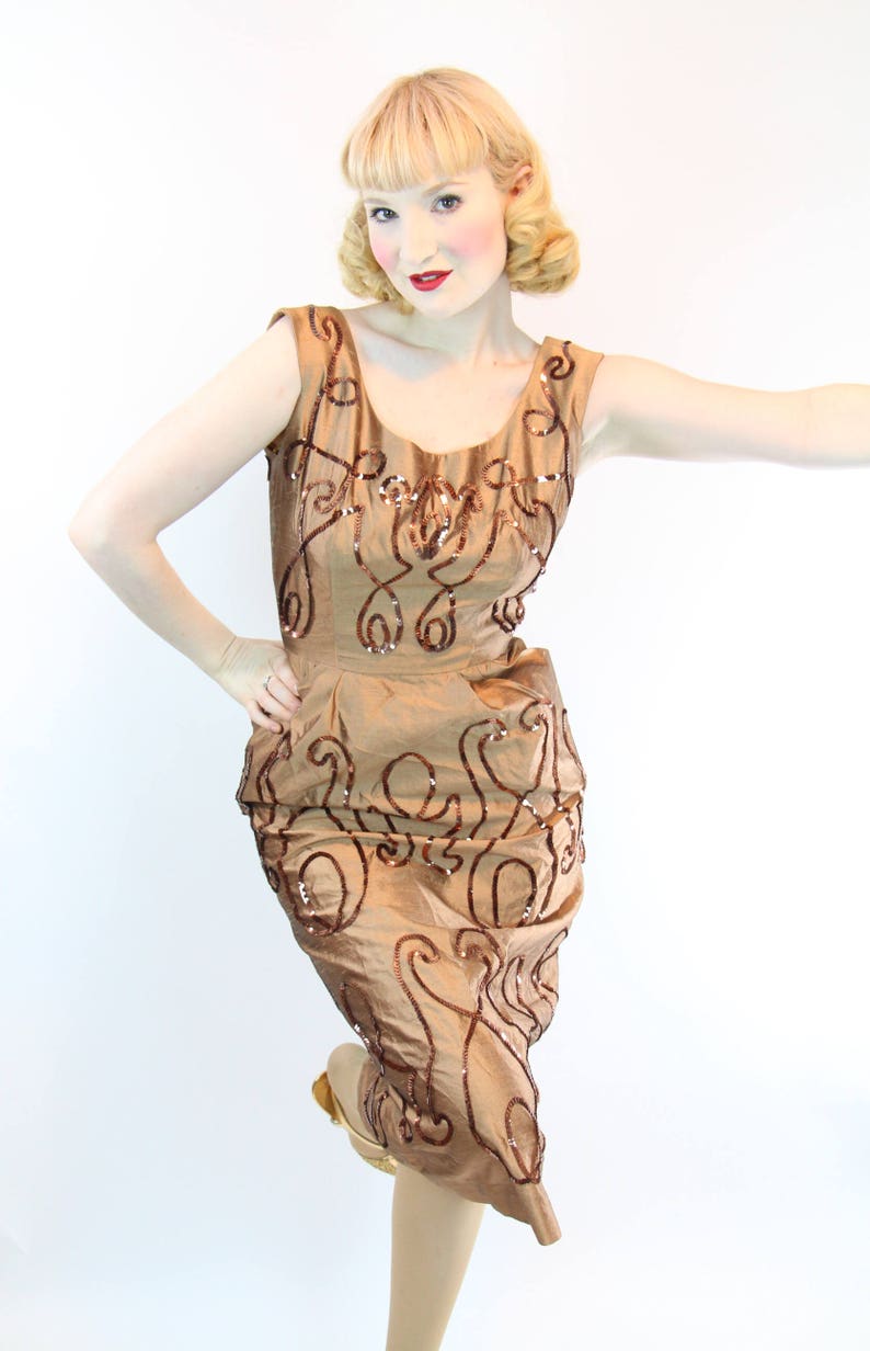 VLV 1950s Dress Marilyn Monroe Wiggle Sheath Silk with Sequins Size S
